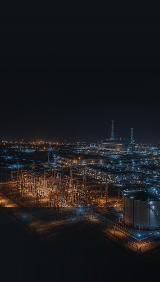 An industrial power facility and substation lit up at night